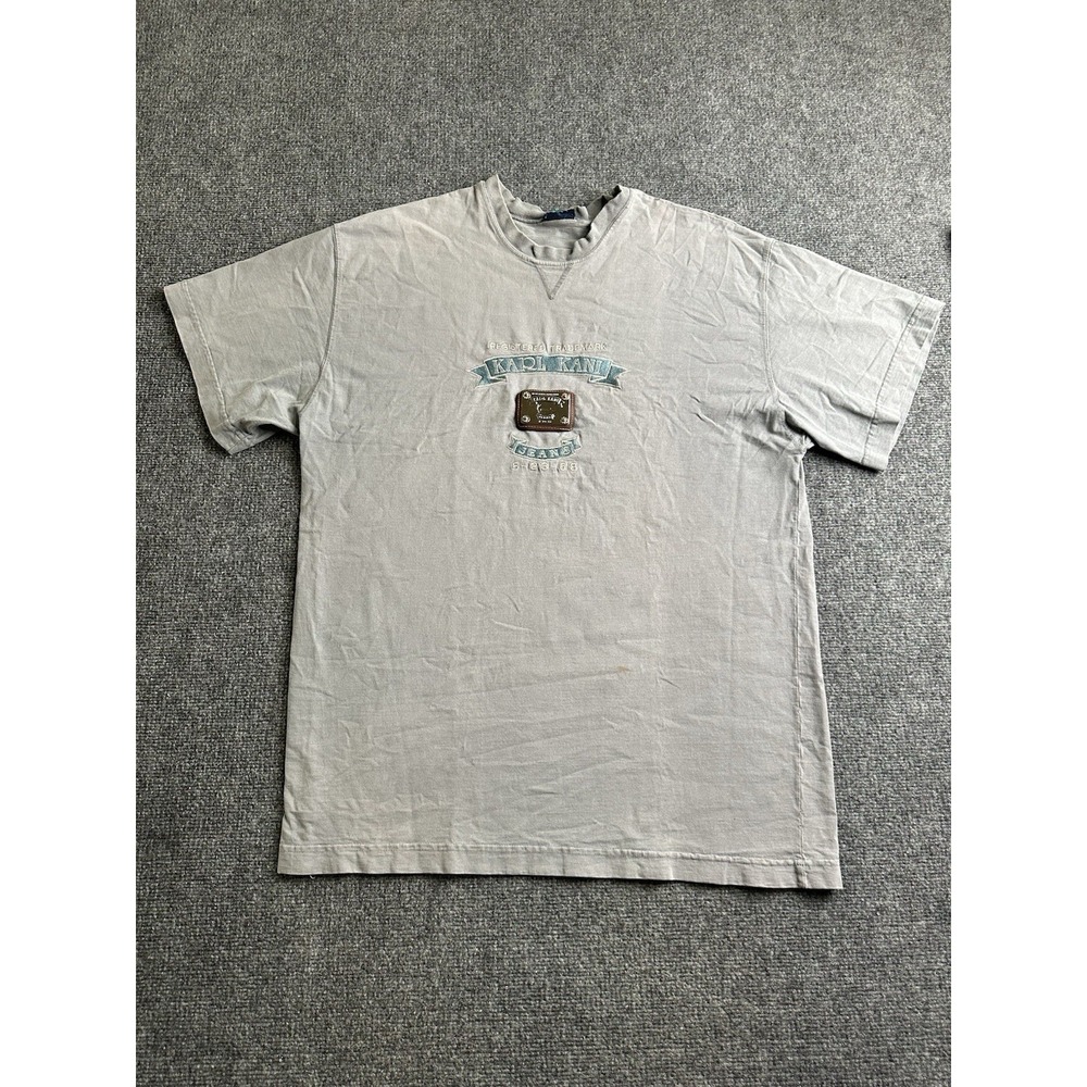 Mens Karl Kani Jeans Gray Embroidered Distressed Hip Hop T Shirt, Size XL